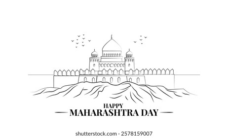 A clean and elegant vector illustration celebrating Maharashtra Day, featuring a black-and-white minimal line art representation of a historical fort set against a mountainous landscape. 