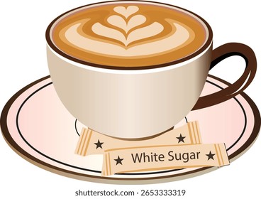 A clean and elegant vector illustration of a coffee cup with latte art on top, placed on a saucer along with white sugar packets. The image features soft pastel tones and detailed shading, ideal for c