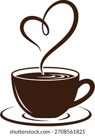 A clean and elegant vector illustration of a coffee cup with heart-shaped rising steam, created in a smooth monochrome line-art style.