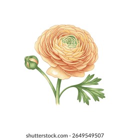 Uma ilustração vetorial limpa e elegante de uma flor, broto e folha de Ranunculus. Totalmente escalável e editável, este gráfico é perfeito para logotipos, marcas e suites de design de casamento.
