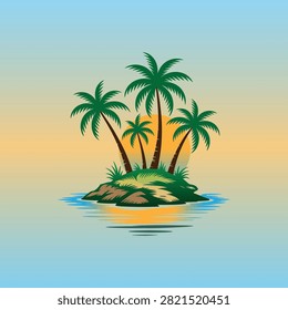 A clean and elegant vector illustration of a small tropical island featuring four lush palm trees, rocky terrain, vibrant green grass, and calm ocean waters. Designed with a natural color palette and a peaceful coastal atmosphere, this artwork is ideal for travel branding, beach resorts, tourism, summer promotions, apparel, logos, stickers, posters, and tropical-themed design projects.