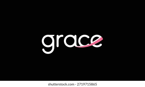 Ein sauberes und elegantes Wortmarkenlogo mit dem Wort 'grace' in weiß, stilisierte Typografie mit einem subtilen rosa Farbbandakzent. Gegen einen Volumenkörper setzen