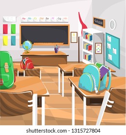 Clean Elementary School Classroom with Chalk Board, Globe, Brown Desk, Bags, Bookcase, ruller for Cartoon Vector Illustration Ideas