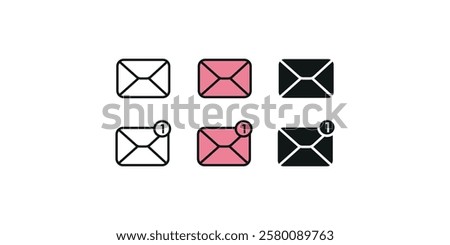 A clean email icon set featuring outline, colored, and solid styles. Includes unread notification indicators. Ideal for mobile apps, websites, software interfaces for enhanced communication visuals.