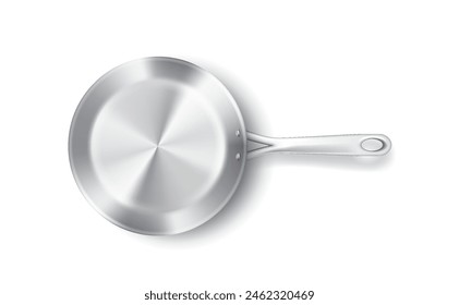 Clean empty frying pans of shiny steel coating realistic vector illustration. Kitchen equipment for cooking 3d object on white background