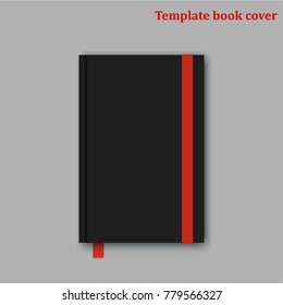Clean empty notebook mockup with red rubber tape, bend bookmark, shadows, black cover view template, student exercise book, business diary planner, vector illustration