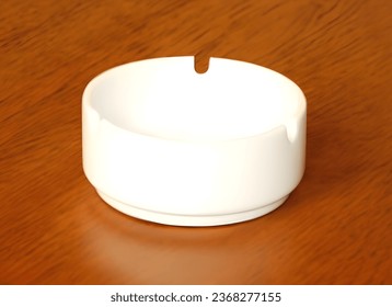 Clean empty round glass ashtray on an old wooden table in a park. Close up, selective focus, shallow depth of view. Round glass ashtray isolated on wooden background. Vector illustration.