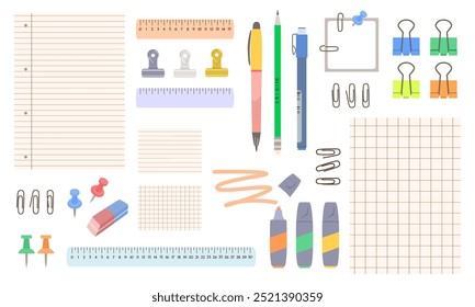 Limpe folhas vazias de papel em uma gaiola, em linha, cartões para notas, estudo de palavras estrangeiras, canetas, lápis, marcadores, réguas, clipes de papel, pinos de pressão. Ilustração vetorial de papel de carta para escola, escritório.