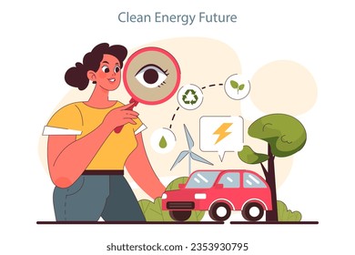 Eine saubere Energiezukunft. Umweltschutz und Verringerung des CO2-Fußabdrucks. Globale Strategie zur Verringerung der CO2-Emissionen. Umweltfreies und CO2-neutrales Lebensziel. Flache Vektorgrafik