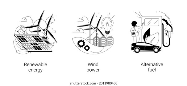 Clean energy abstract concept vector illustration set. Renewable energy, wind power, alternative fuel, solar panels, green electricity, charging station, light bulb, windfarm abstract metaphor.