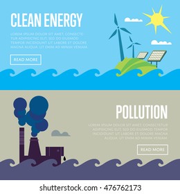 Clean energy and air pollution vector illustration set. Pollution by smoke coming out of factory chimneys. Solar panels and wind turbines under blue sky. Traditional and alternative sources