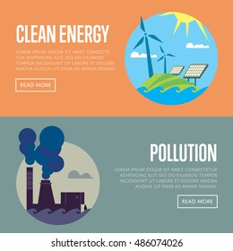 Clean energy and air pollution vector illustration set. Pollution by smoke coming out of factory chimneys. Solar panels and wind turbines under blue sky. Traditional and alternative sources