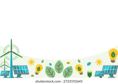 Fondo de energía limpia con espacio de copia de borde inferior. Plantilla de energía renovable con células solares y bombilla con hoja. Diseño plano de Vector para Anuncio ambiental o tecnología ecológica.