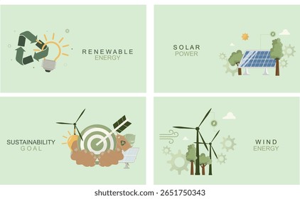 Clean energy banner set featuring renewable energy recycling, solar power systems, sustainability targets, and wind energy generation solutions. Flat style. Renewable energy. Vector illustration