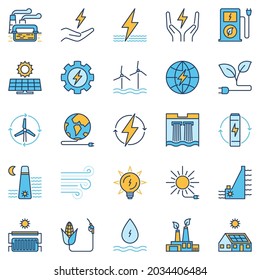 Clean Energy colored icons collection - vector Electric Power and Renewable Green Energy modern concept signs set