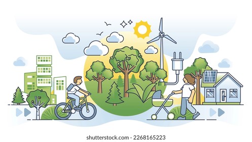 Ecosistema comunitario de energía limpia con el concepto de ciudad de estilo de vida verde. Sociedad con ilustración vectorial de pensamiento sostenible, ambiental y respetuoso con la naturaleza. Vida con uso alternativo de energía