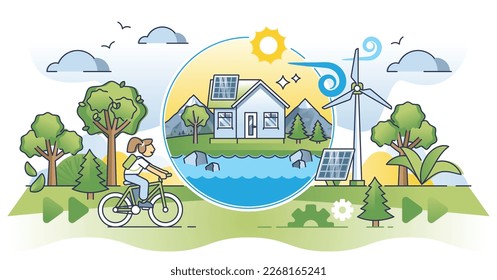 Ecosistema comunitario de energía limpia con un concepto de esquema de electricidad renovable. Fuentes de energía ecológicas, sostenibles, respetuosas con la naturaleza y ambientales a partir de paneles solares y turbinas eólicas ilustraciones vectoriales