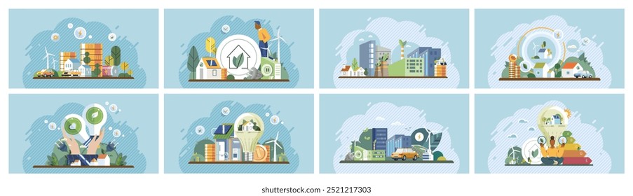 Conceito de energia limpa. Prédios com painéis solares, turbinas eólicas, veículos elétricos e cenas urbanas ecologicamente corretas. Ideal para energia verde, planejamento urbano, sustentabilidade, vida ecológica