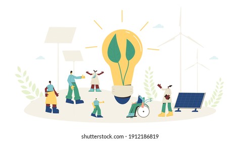 Clean energy concept. Bulb with green leaves surrounded by people. Alternative electricity system symbol. Renewable sources sun and wind. Sustainable development. Vector color flat illustration.