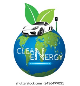 Clean energy concept illustration logo  electric vehicle EV sports car with Power cable pump plug in charging powe on the wolrld.