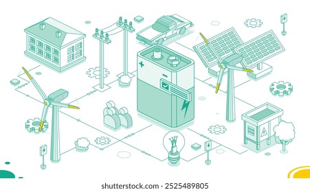 Conceito de energia limpa. Bateria isométrica 9V de nove volts, painéis solares e turbinas eólicas isoladas sobre fundo branco. Ilustração vetorial. Estilo da estrutura de tópicos. Energia verde. Casa com carro elétrico.