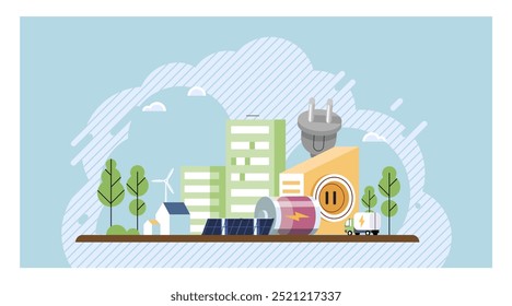 Clean energy concept. Modern buildings, solar panels, wind turbines, and green spaces represent sustainable urban development. Ideal for green technology, renewable energy, eco-friendly initiatives