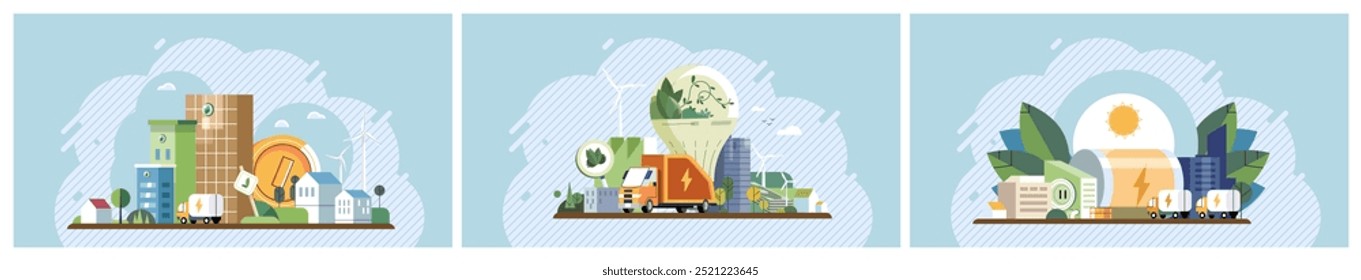 Clean energy concept. Modern cityscape with green buildings, electric vehicles, recycling, and solar panels. Ideal for sustainable development, eco-friendly urban planning, renewable resources, green