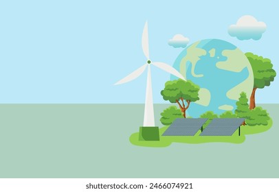 Clean energy concept on World Environment Day or International Forest Day, tree concept and earth globe with solar panels with wind turbine on nature background. Ecology and environment