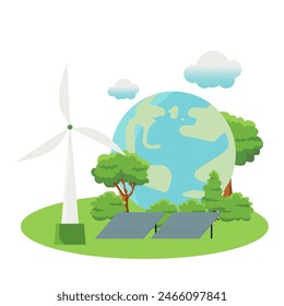 Clean energy concept on World Environment Day or International Forest Day, tree concept and earth globe with solar panels with wind turbine on nature background. Ecology and environment