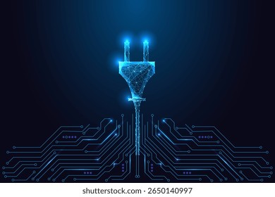 Clean energy concept with power plug growing from circuit board on dark blue background. Symbol of green electricity, renewable power, and sustainable technology. Low poly vector illustration.