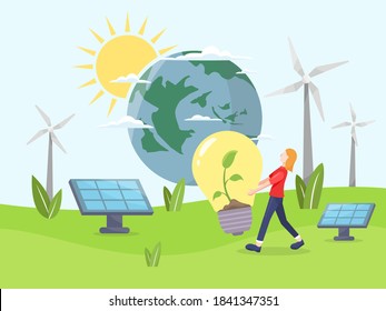 Clean energy concept. Renewable energy for better future. Girls carry a bulb with a plant in it. Environmentally friendly energy, Solar panel and wind turbine. Vector illustration in a flat style