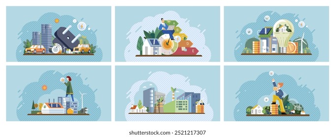 Clean energy concept. Various scenes depicting renewable energy sources, recycling, eco-friendly construction, and sustainable agriculture. Ideal for sustainability, environmental education