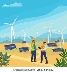 Clean energy concept, The vast fields have wind turbines, solar panels and engineers in them.