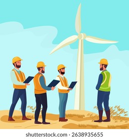 Clean energy concept, The vast fields have wind turbines, solar panels and engineers in them.	
