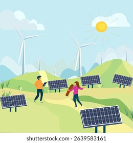 Clean energy concept, The vast fields have wind turbines, solar panels and engineers in them.	