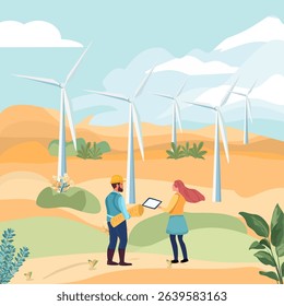 Clean energy concept, The vast fields have wind turbines, solar panels and engineers in them.	