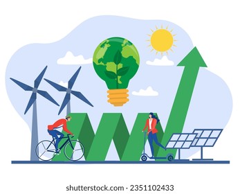 Clean energy concept.Renewable energy for better future Electricity from solar panels and windmills  Vector illustration in a flat style