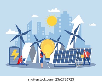 Concepto de energía limpia.Energía renovable para un mejor futuro Electricidad de paneles solares y molinos de viento Ilustración vectorial en un estilo plano