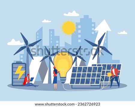 Clean energy concept.Renewable energy for better future Electricity from solar panels and windmills  Vector illustration in a flat style