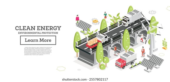 Clean energy and environmental protection. Bridge with trucks passing over it. Solar panels on the car's roofs. Electric vehicles. Wind turbines and people. Vector illustration. Renewable energy.