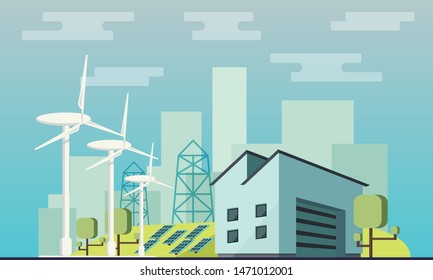 Clean energy flat illustration. Vector illustration of modern green eco factory building. olar panels and wind turbines in the background.