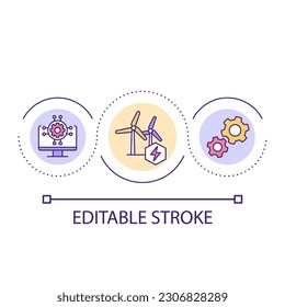 Clean energy generated by windmills loop concept icon. Sustainable power technology. Electricity abstract idea thin line illustration. Isolated outline drawing. Editable stroke. Arial font used