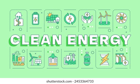 Concepto de palabra verde de energía limpia. Molino de viento de energía, tecnología verde. Preservación de la Naturaleza. Anuncio tipográfico. Ilustración vectorial con texto de título, color de íconos editables. Hubot Sans fuente utilizada