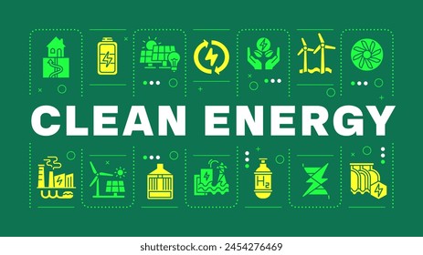 Clean energy green word concept. Energy windmill, green technology. Nature preservation. Visual communication. Vector art with lettering text, editable glyph icons. Hubot Sans font used