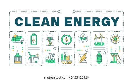 Clean energy green word concept isolated on white. Energy windmill, green technology. Nature preservation. Creative illustration banner surrounded by editable line colorful icons. Hubot Sans font used