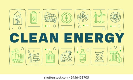 Concepto de palabra verde de energía limpia. Molino de viento de energía, tecnología verde. Preservación de la Naturaleza. Imagen Horizontal del Vector. Texto de título rodeado de iconos de esquema editables