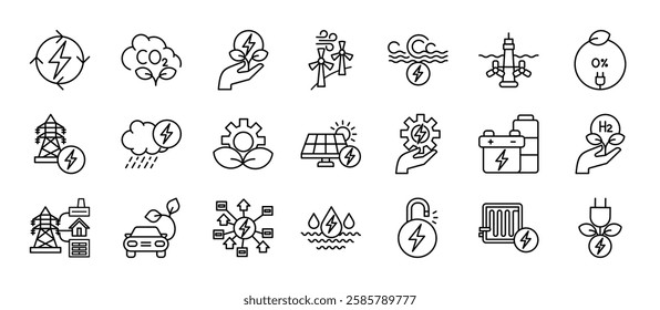 Clean Energy icon collection set with energy efficiency, carbon capture, green energy, wind turbines, wave energy