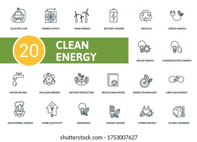 Clean Energy icon set. Collection contain power supply, recycle, solar energy, nature protection and over icons. Clean Energy elements set.