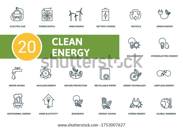 Clean Energy icon set. Collection contain power\
supply, recycle, solar energy, nature protection and over icons.\
Clean Energy elements\
set.