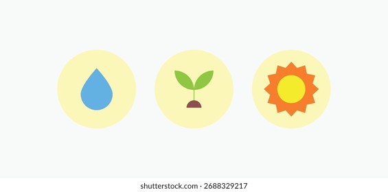 Clean energy icon set representing hydro, bio, and solar power. Simple flat design perfect for green technology, environmental protection, and sustainable living